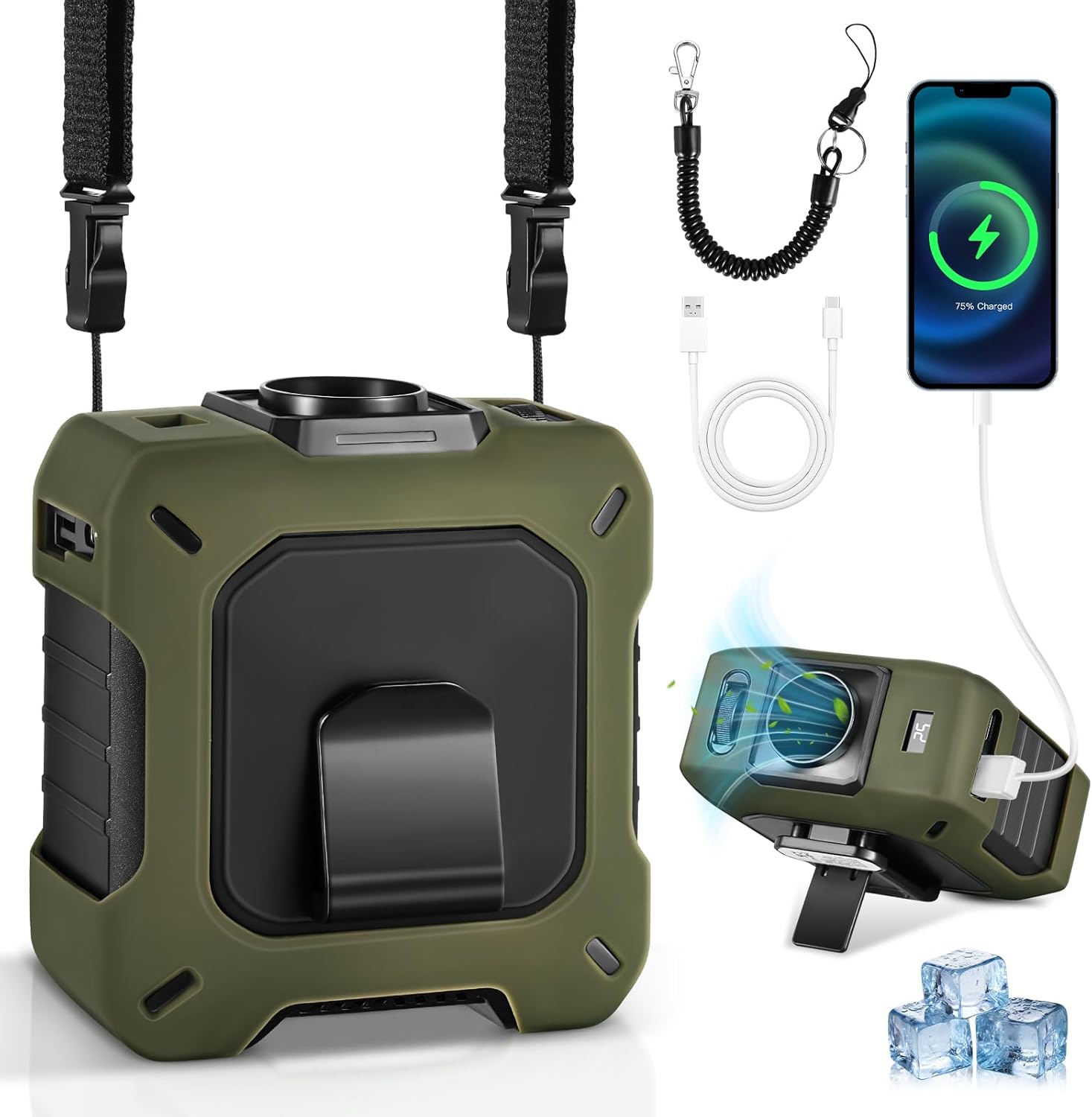 CoolBelt Pro – Ventilateur de taille portable et batterie externe avec support de bureau